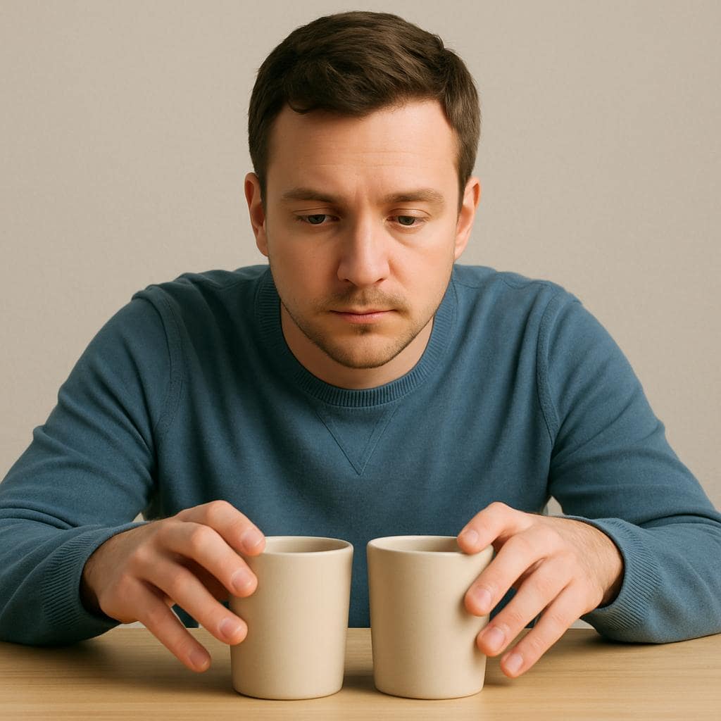 A man in a blue sweater carefully aligns two beige cups on a wooden table, focusing intently to ensure symmetry, representing just-right OCD.