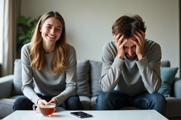 ROCD vs Real Relationship Problems: 7-Question Checklist. A distressed man sits on a sofa with his head in his hands while his smiling partner sits beside him, highlighting the emotional imbalance and confusion often seen in Relationship OCD.