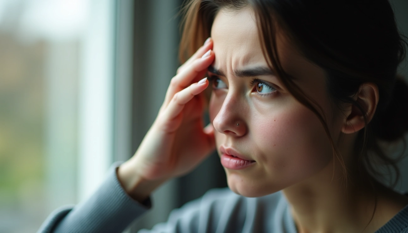 Sometimes OCD Feels Logical: 7 Eye-Opening Realities. Woman looking anxious and holding her head while staring out a window, reflecting distress and intrusive thoughts.