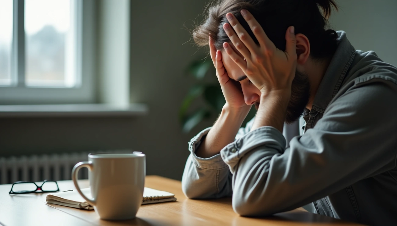 5 Eye-Opening Ways OCD and Memory Distrust Affect Your Life. Man sitting at a table with his head in his hands, appearing distressed and deep in thought, representing anxiety and doubt associated with OCD and memory distrust.