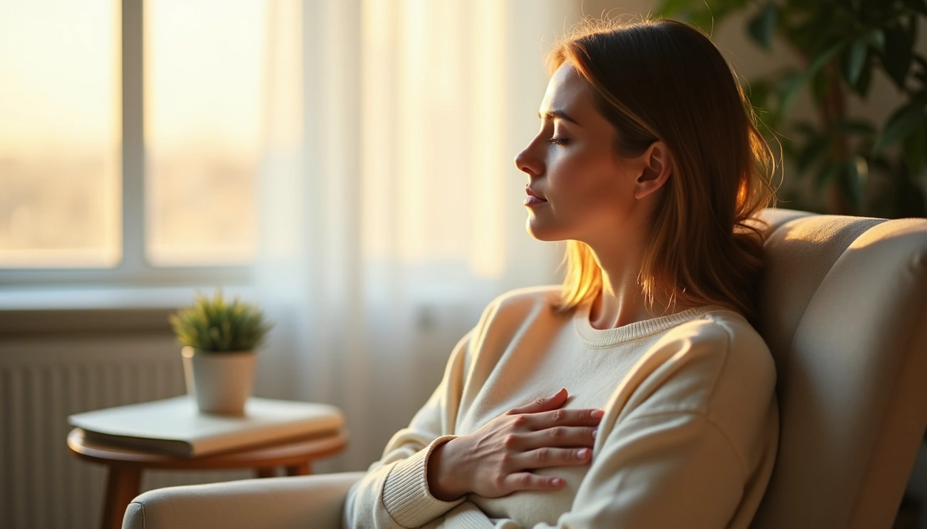 Is It OCD or Intuition? 14 Inspiring Differences. Woman sitting in a chair with eyes closed and hand on chest, practicing mindful breathing to calm anxiety and reconnect with intuition.