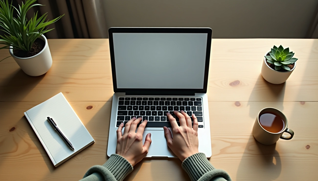 AI for OCD Support: Start Without Triggering Compulsions. Person typing on a laptop at a tidy desk with a notebook, pen, plants, and a cup of tea.