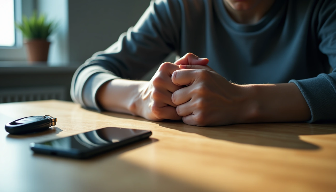 5 Ways Hyper-Responsibility OCD Affects Your Life. Person sitting at a table with hands tightly clasped, looking anxious, with a phone and keys nearby.
