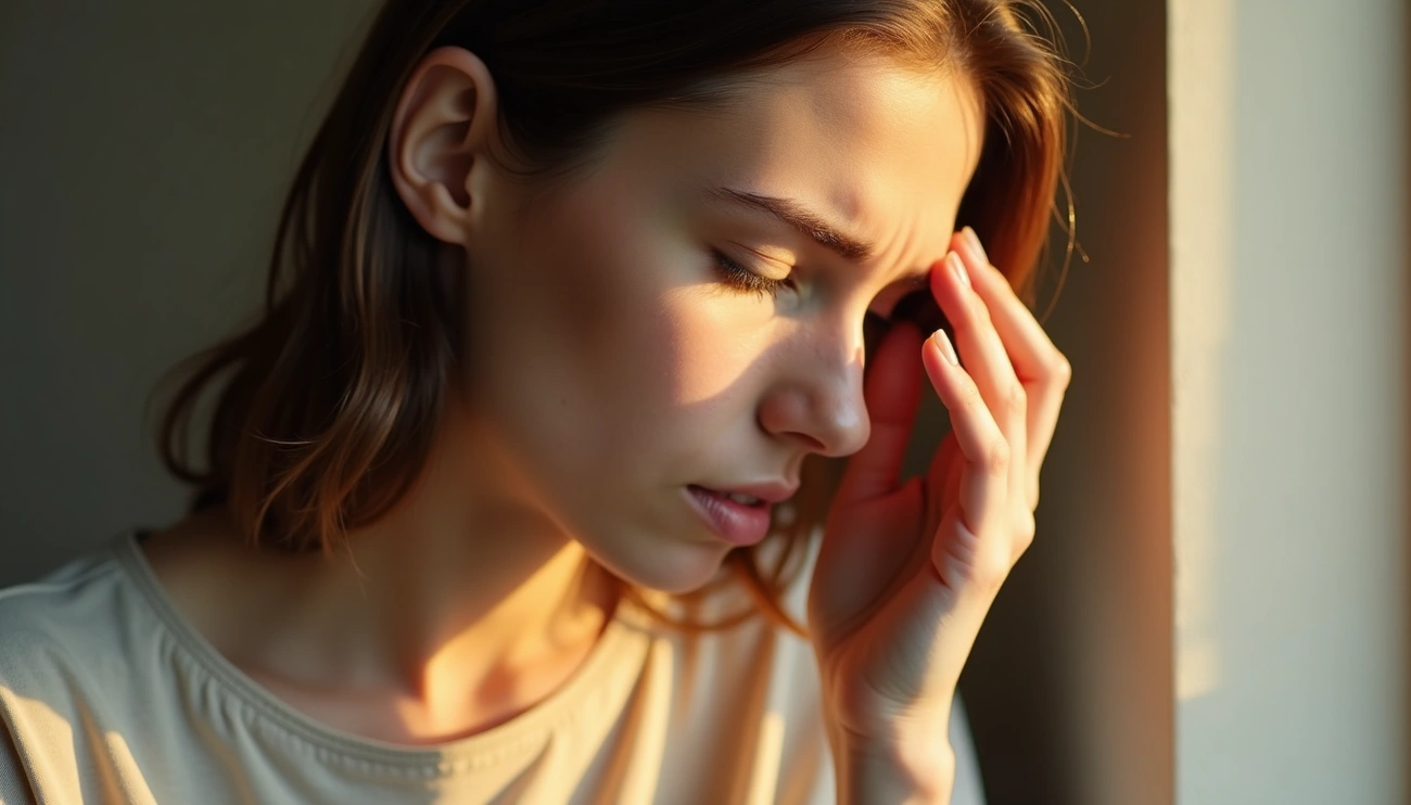 Rumination OCD: Why Trying to Figure Out Intrusive Thoughts Makes Them Worse. Person holding their forehead while experiencing distress from intrusive thoughts and rumination OCD