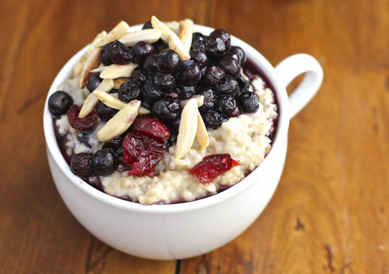 Oatmeal topped with dried cranberries and almonds