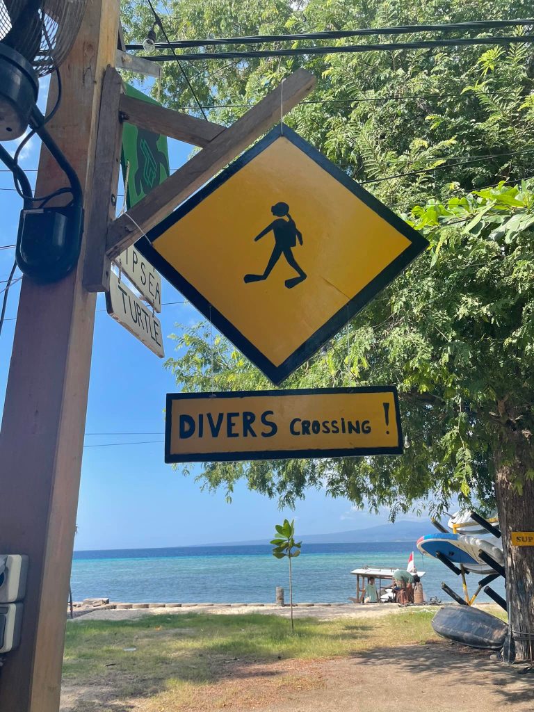 Dykning på Bali. Skilt ved stranden der advarer mod krydsende dykkere
