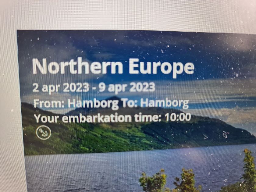 MSC Virtuosa. Billedet viser afgang fra Hamborg 2. april. Bestilt 2 dage før afgang.
