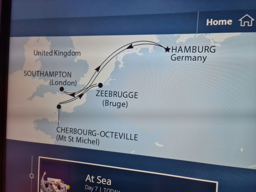 MSC Virtuosa. Billedet viser den nye rute. Ruten er omlagt pga. strejke i Frankrig