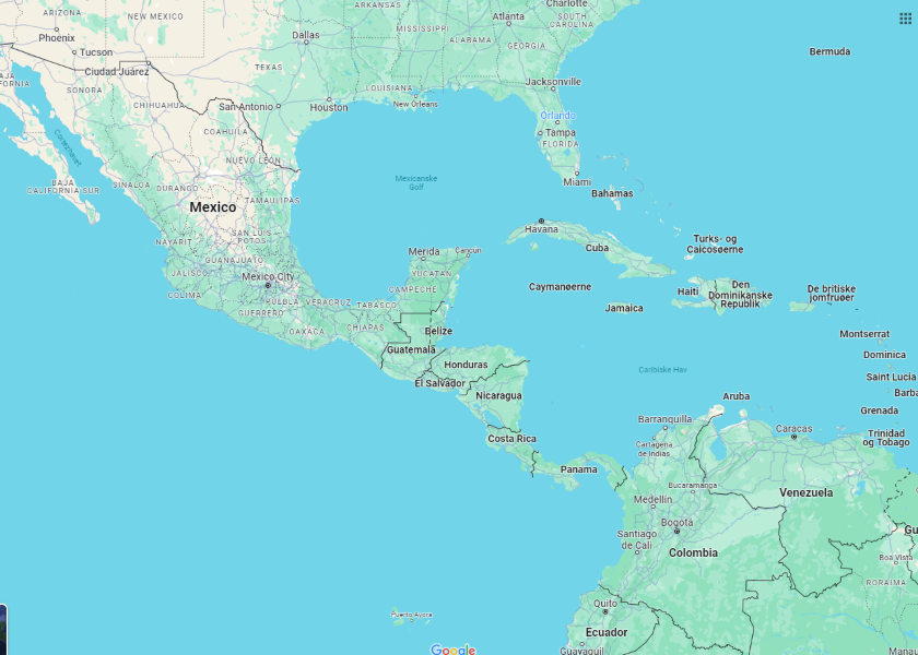 Et kort fra Google Maps over mellemamerika