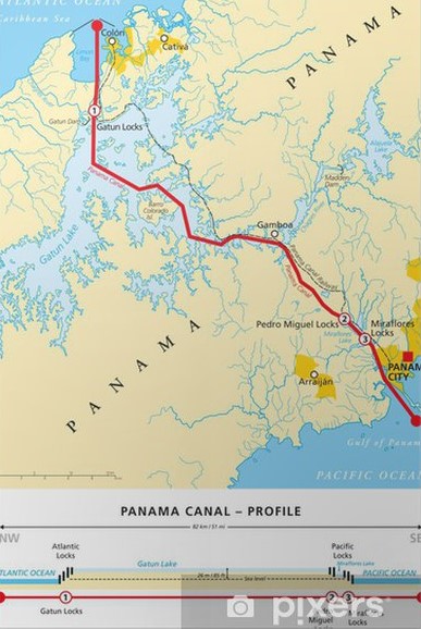 Et kort fra Pixers, som viser ruten gennem Panamakanalen
Med Norwegian Bliss gennem Panamakanalen