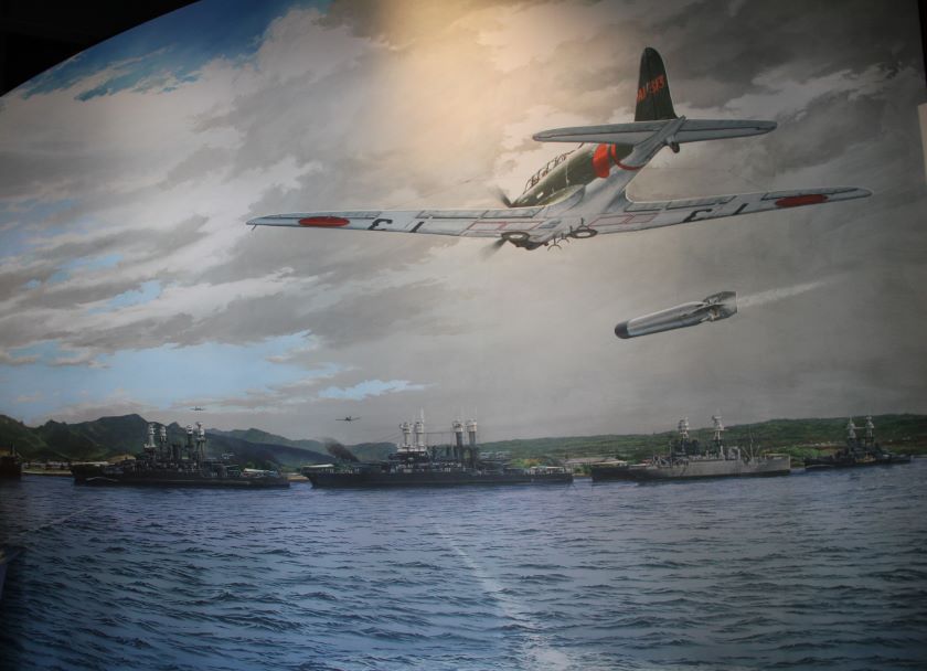 Tegning af japansk flyver, der angriber flådestationen i Pearl Harbor.