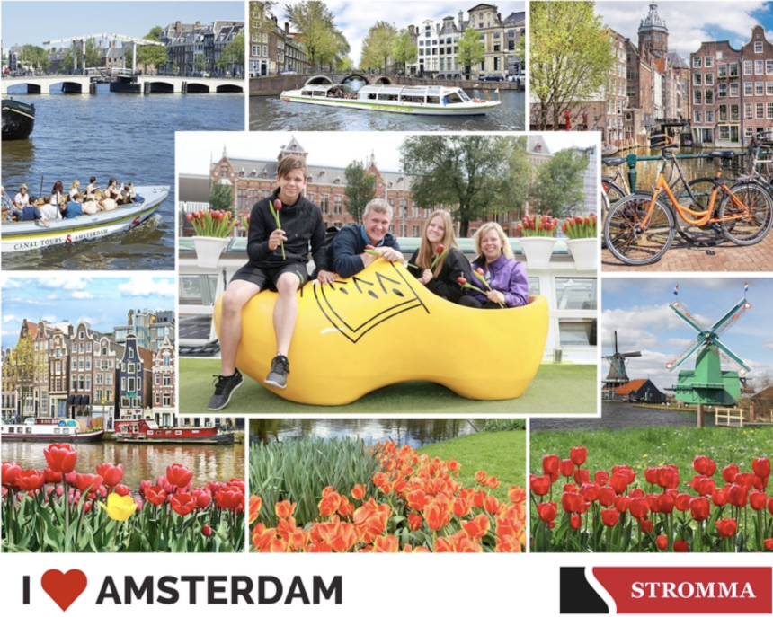 Hvad vil man gerne vise? Tulipaner, Møller, kanaler, træsko, cykler. Alt sammen på dette turistfoto fra Amsterdam