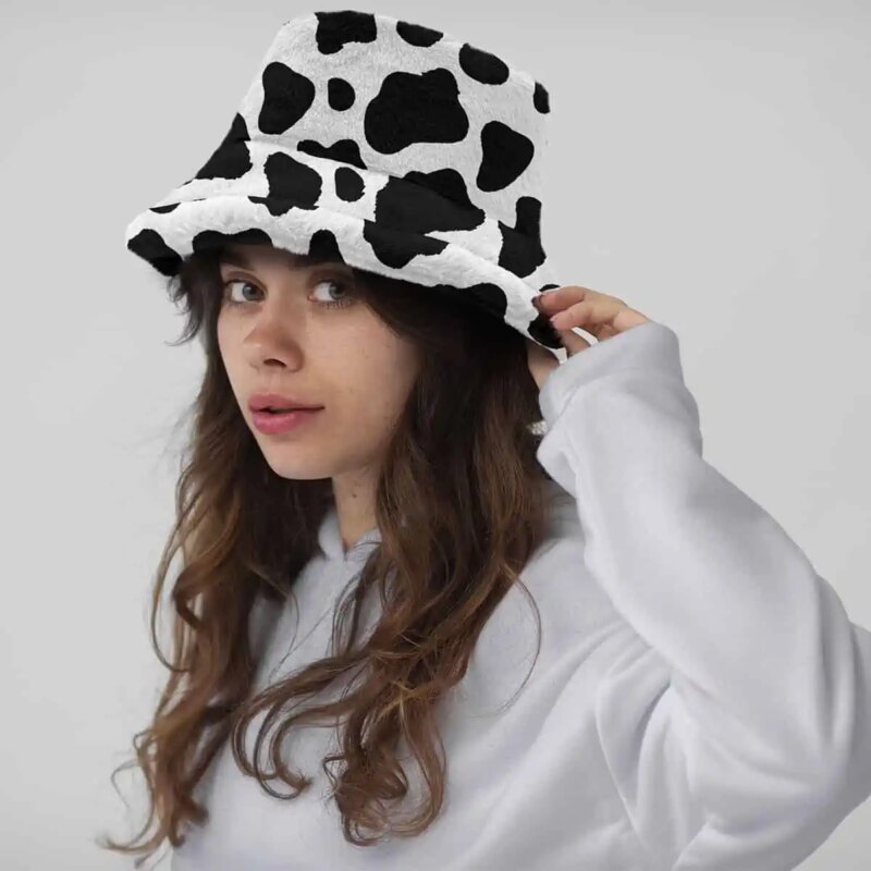 Yucka fluffy bucket hat faux fur koeienprint - Afbeelding 2