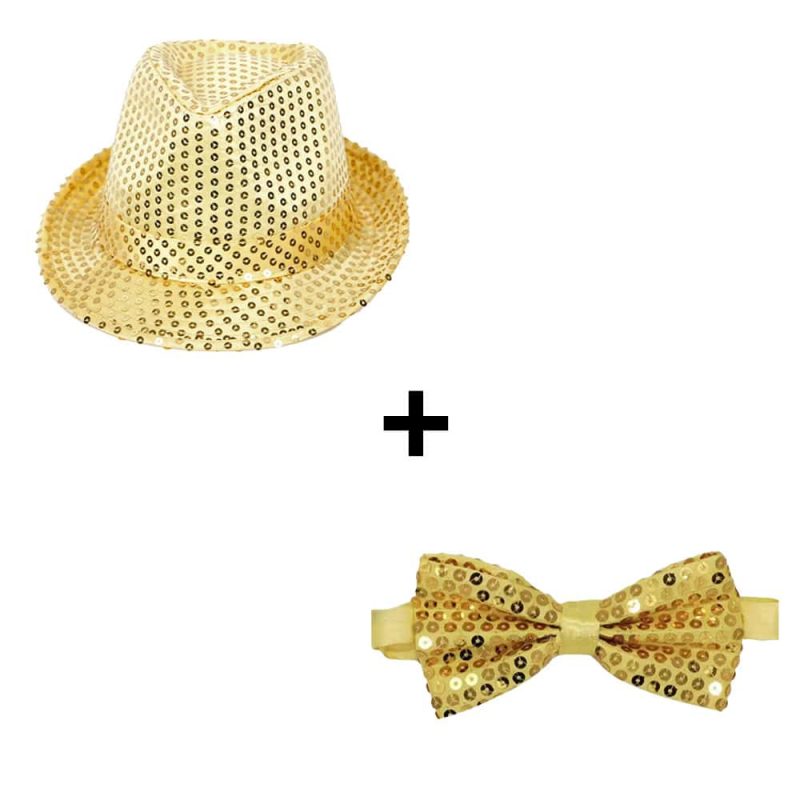 Fedora feesthoedje + glitter strik goud