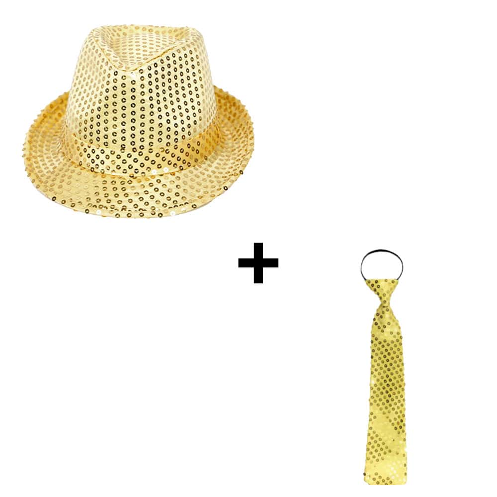Fedora feesthoedje + glitter stropdas goud