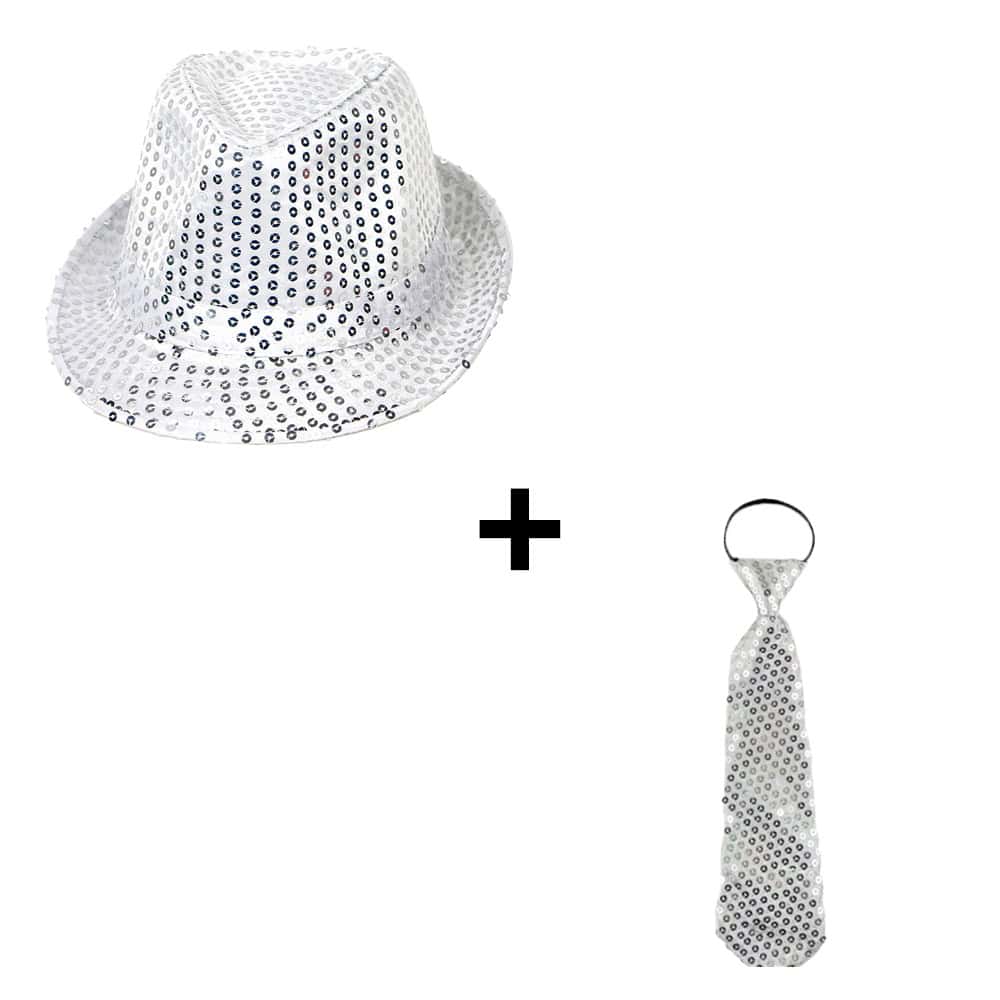 Fedora feesthoedje + glitter stropdas zilver