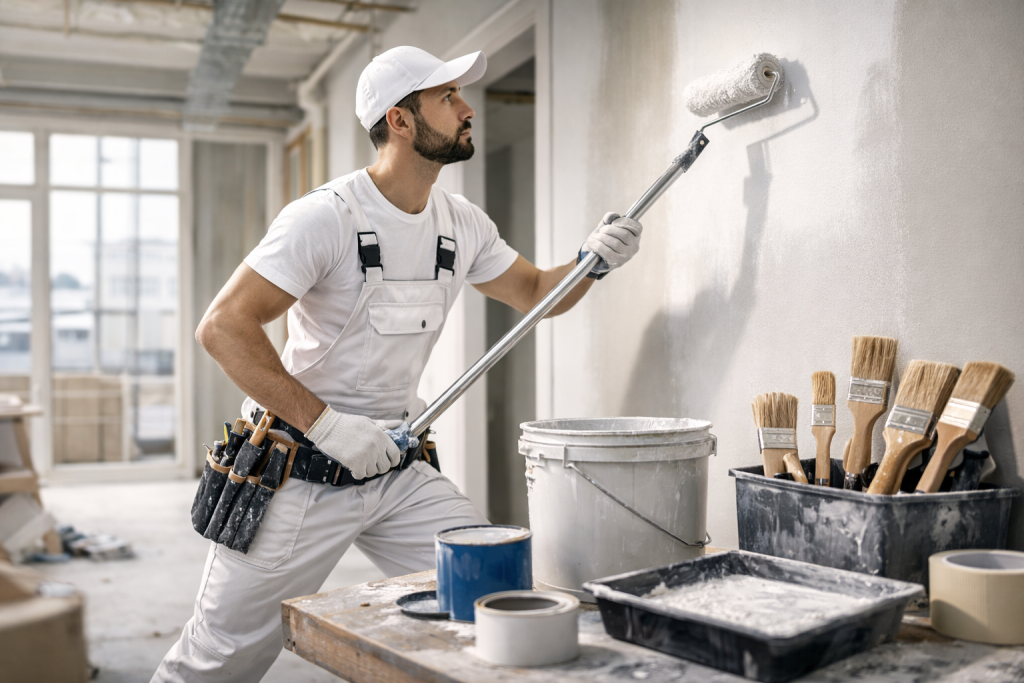 Professionel maler arbejder med rulle og teleskopskaft i moderne byggeri