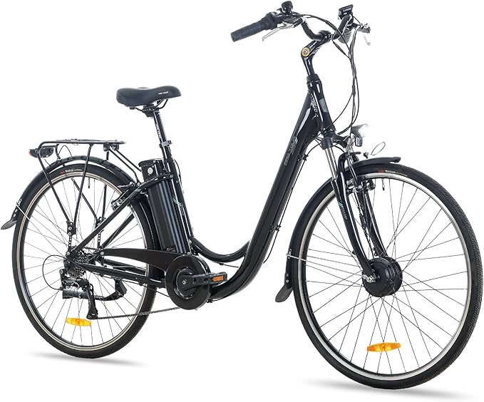 HILAND Elektrische stadsfiets, 28 inch, 7 versnellingen met aluminium frame, 10,4 Ah, 250 W, elektrische fiets 700c met bagagedrager, elektrische fiets voor heren en dames, zwart