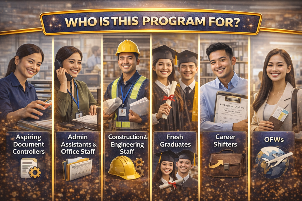 Who is this program for infographic for the Professional Diploma in Document Control showing aspiring document controllers, admin assistants, construction and engineering staff, fresh graduates, career shifters, and OFWs
