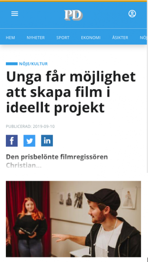 Tidning: Provinstidningen Dalsland
Datum:2019-09-10
Rubrik: Unga får möjlighet att skapa film i ideellt projekt
Av: Mimmi Törnberg
Länk: https://www.provinstidningen.se/2019/09/10/unga-far-mojlighet-att-skapa- film-i-ideellt-projekt/ (Endast för prenumeranter)