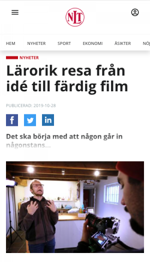 Tidning: Nya Lidköpings Tidning
Datum: 2019-10-28
Rubrik: Lärorik resa från idé till färdig film
Av: Anders Järnebrand
Länk:
https://www.nlt.se/2019/10/28/larorik-resa-fran-ide-till-fardig-film/ (Endast för prenumeranter)