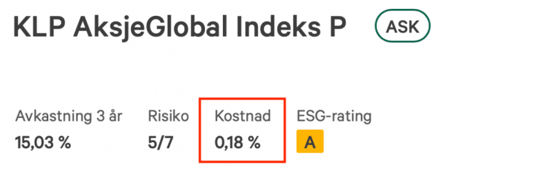 Her ser du eksempel på hvordan KLP viser hva det globale indeksfondet KLP AksjeGlobal Indeks koster på nettsiden sin.