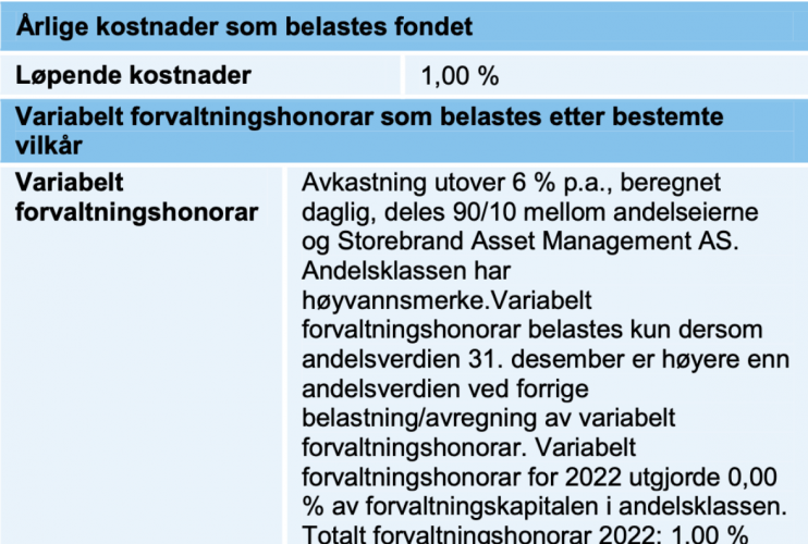 Her ser du hvordan prestasjonsbasert forvaltningsgebyr er forklart på faktaarket til Skagen Vekst A.