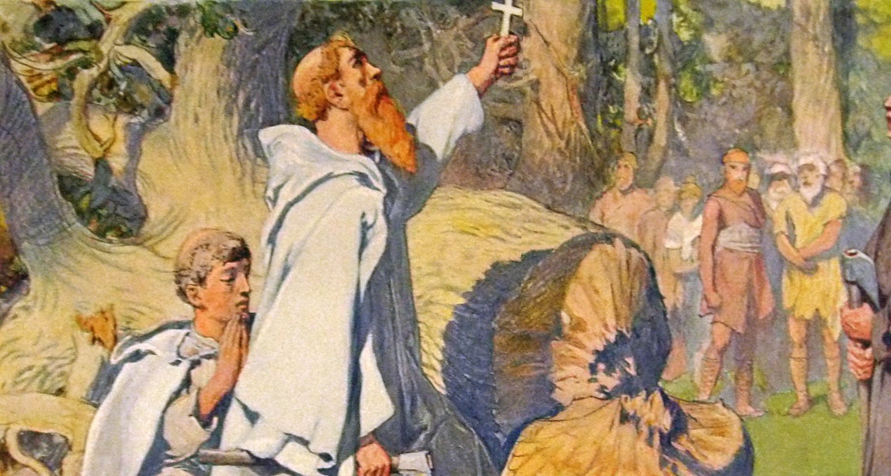 Saint Boniface holds a white crucifix over the fallen Thor's Oak