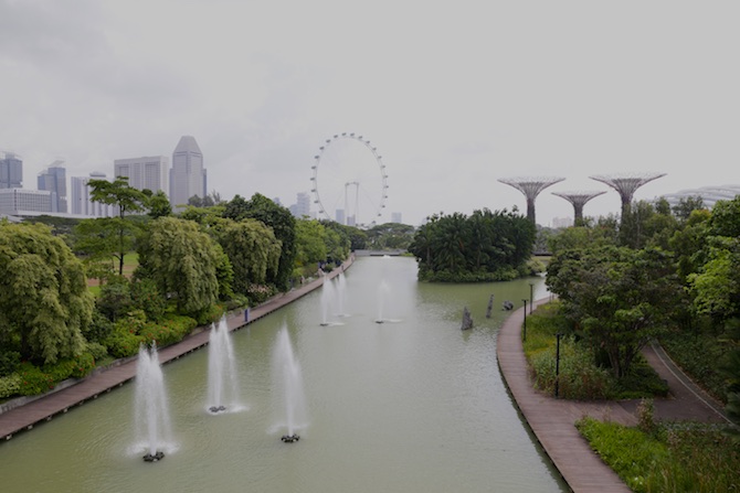 Udsigt til Singapore Flyer fra gangbroen til Gardens by the Bay.