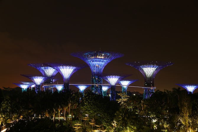 Gardens by the Bay ved aftentid.