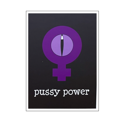 Svart kort med lila feministsymbol och texten pussy power.