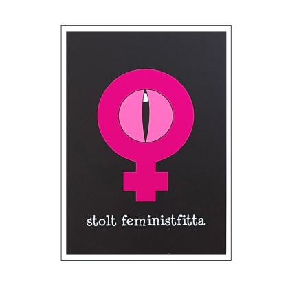 Svart vykort med rosa feministteckan och texten "stolt feministfitta"