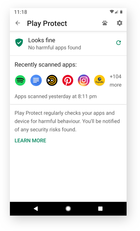 A screen of Play Protect home with Google Material 1.0