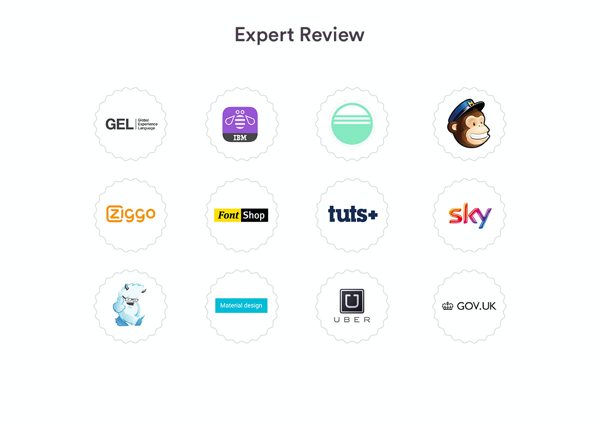 Expert review showing the logos of BBC GEL, IBM, Bourbon, MailChimp, Ziggo, FontShop, TUTS+, Sky, Atlassian, UBER, GOV.UK