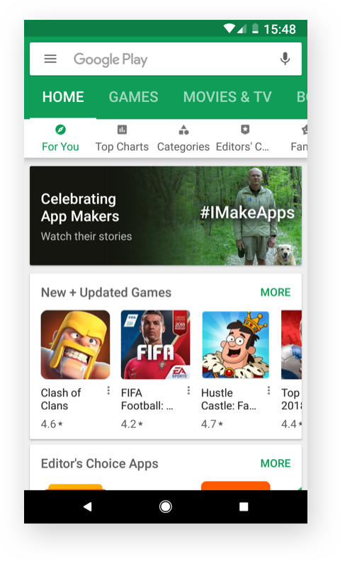 A screen of Play Store home with Google Material 2.0