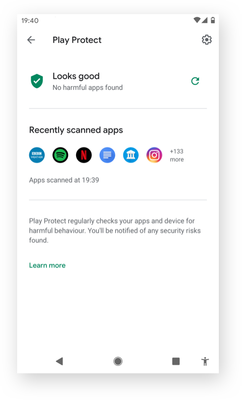 A screen of Play Protect home with Google Material 2.0