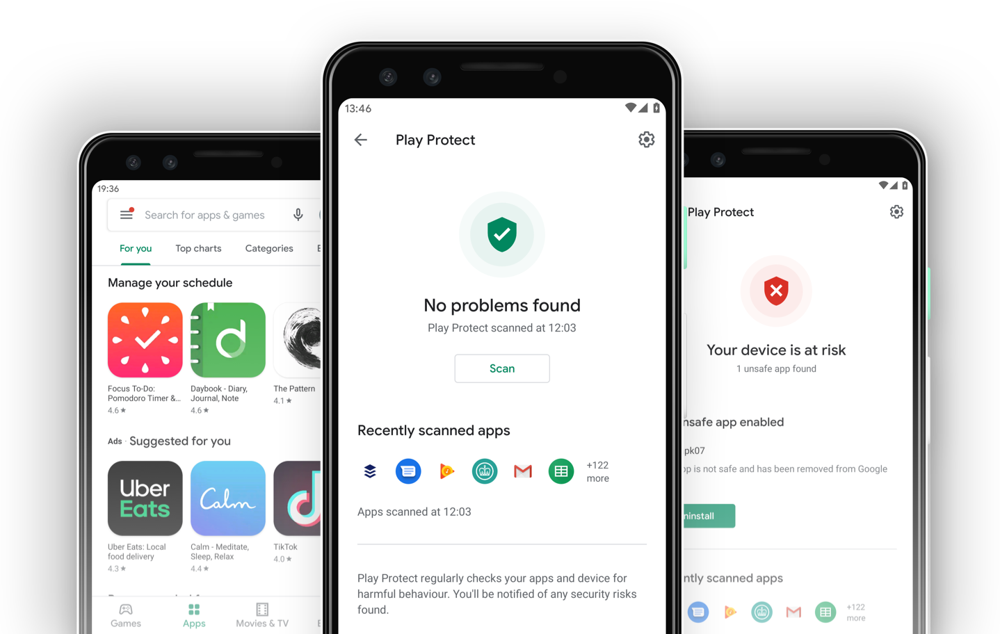 Three mobile phones showing Play Protect and Play Store