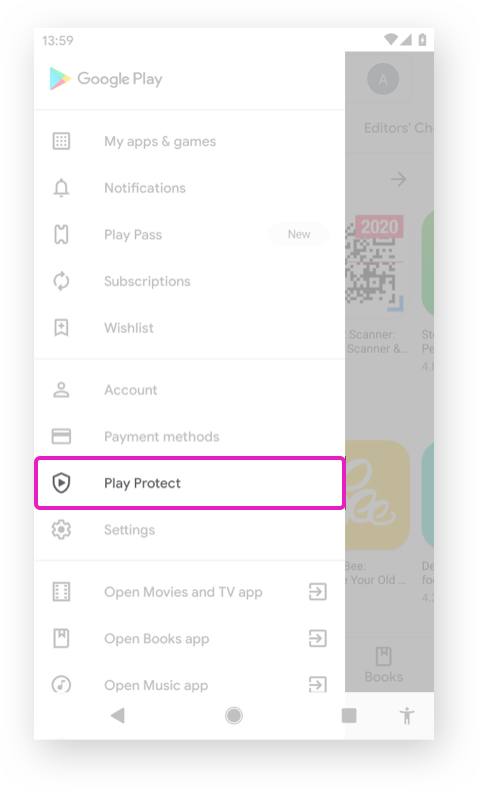 How to discover Play Protect from Play Store left nav 2