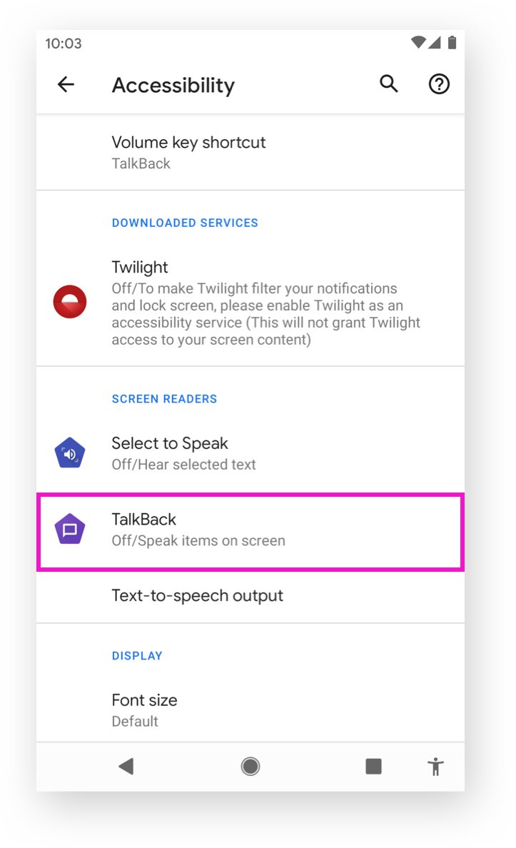 Selecting “TalkBack” feature under accessibility section