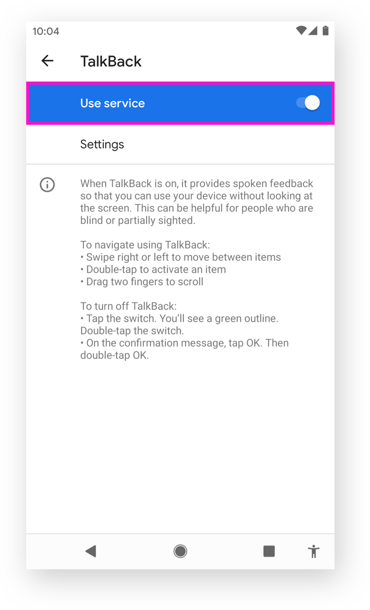 Enabling the “TalkBack” feature by turning on the toggle