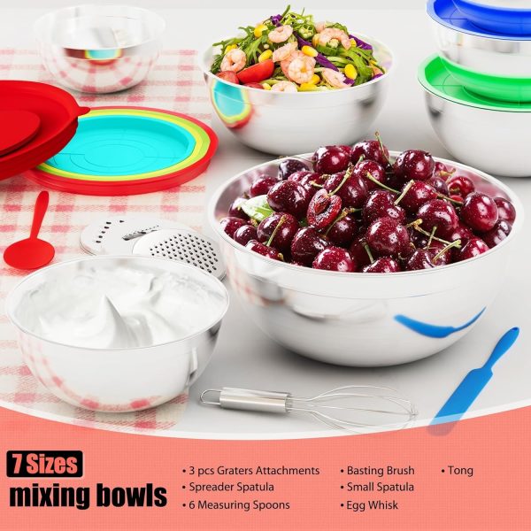 Mixing Bowls with Lids Set, 7 PCS Stainless Steel Mixing Bowls with 3 Grater Attachments, Size 4.5, 4, 3.5, 2.1, 1.5, 1.1, 0.7QT, Ideal for Kitchen Cooking Baking & Serving - Image 9