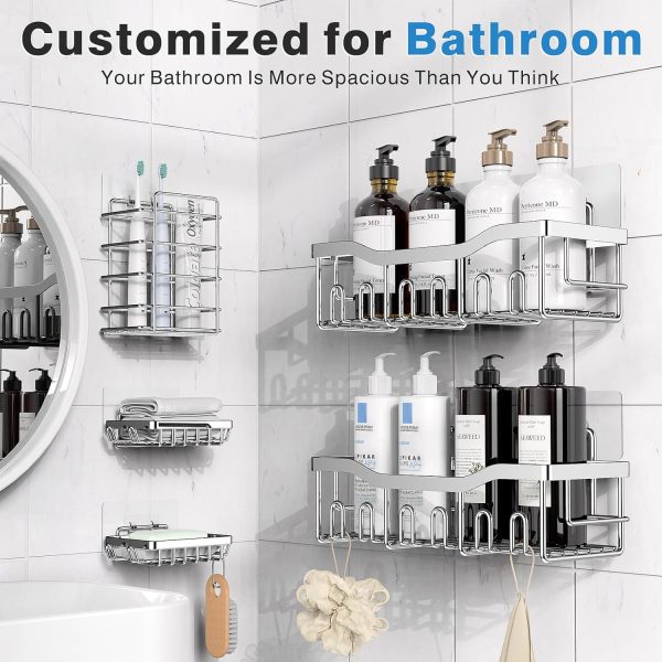 Adhesive Shower Caddy, 5 Pack Rustproof Stainless Steel Bath Organizers With Large Capacity, No Drilling Shelves for Bathroom Storage & Home Decor - Image 82