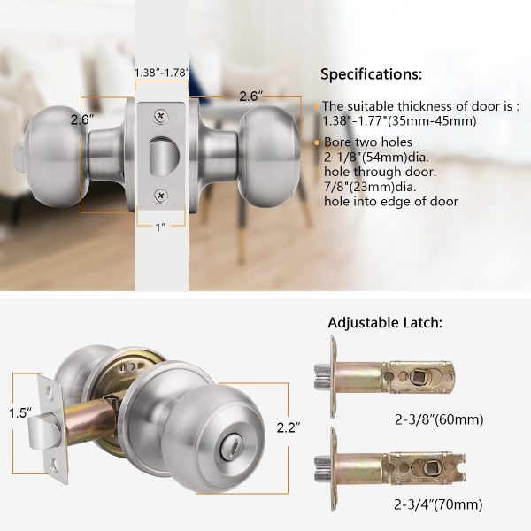 Probrico Privacy Interior Door Knobs Bed and Bath Handles Keyless Sain Nickel Locksets, 6 Pack - Image 6