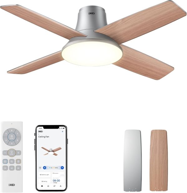 Dreo Ceiling Fans with Lights, 12 Speeds & 3 Fan Modes, Quiet DC Motor, Low Profile Easy to Install, Flush Mount Smart Ceiling Fan with Dimmable LED, 12H Timer for Bedroom, Remote, Silver, 44''