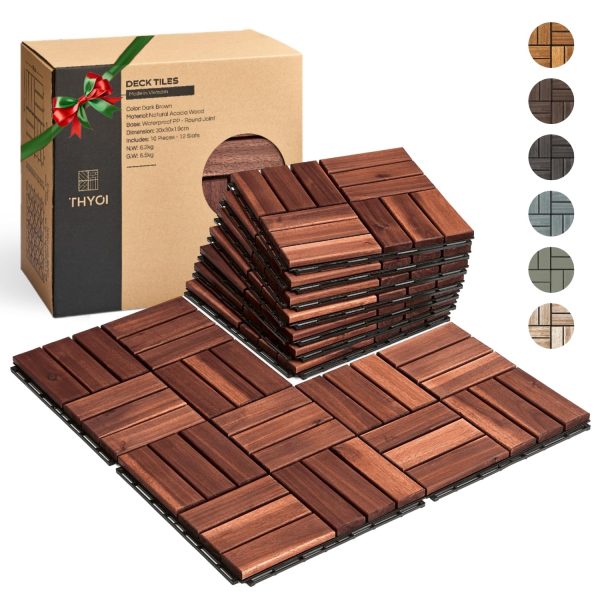 10 Pcs Interlocking Deck Tiles 12" x 12", Patio Flooring Outdoor Waterproof, Acacia Wood Tiles All Weather, Floor Tiles for Balcony, Backyard, Indoor and Outdoor use (Dark Brown)