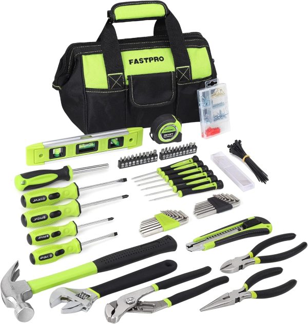 FASTPRO 215-Piece Home Repairing Tool Set with 12-Inch Wide Mouth Open Storage Bag, Household Hand Tool Kit, Green