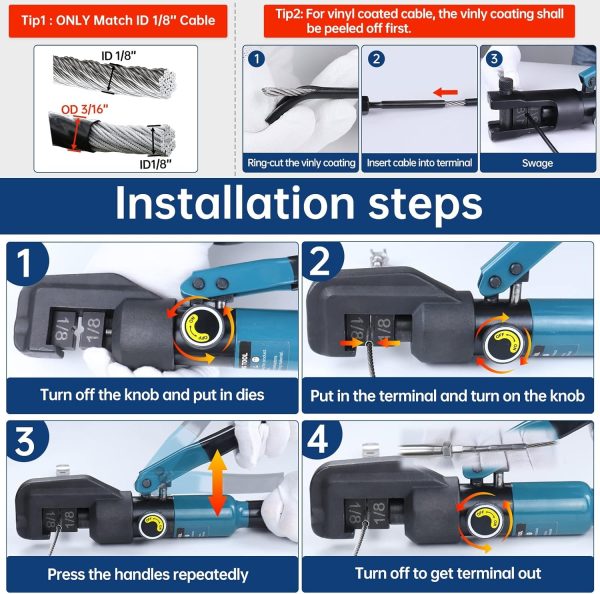 Muzata 45 KN Upgraded Custom Cable Railing Hydraulic Crimper Hand Tool for 1/8" Stainless Steel Cable Railing Kit Wire Rope Swaging 1 Pair Dies with Wire Cable Cutter CR09 CK12, CT1 - Image 5