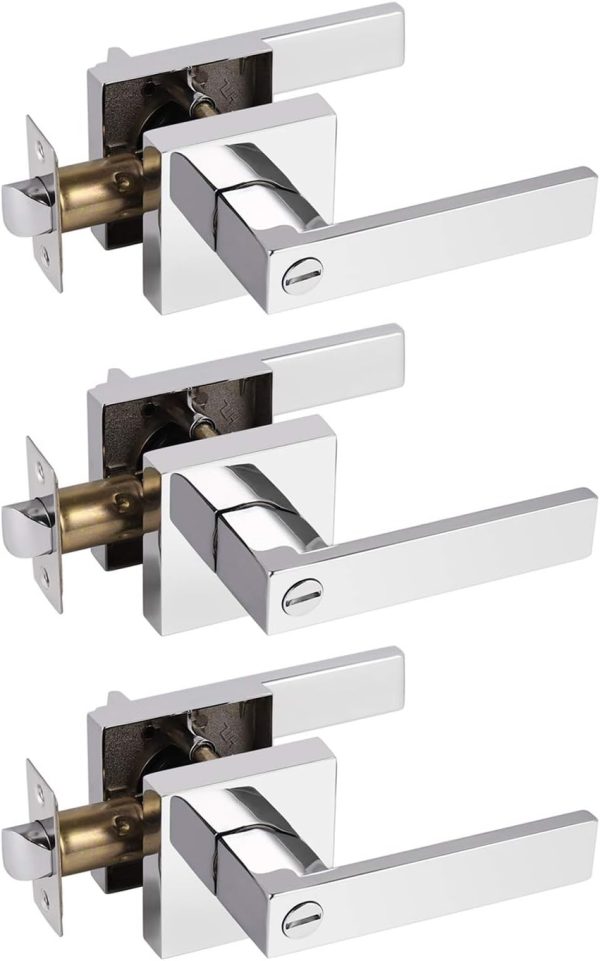 Gobrico Bedroom and Bathroom Locks in Polished Chrome 3 Pack Square Interior Door Locksets Keyless Privacy Levers