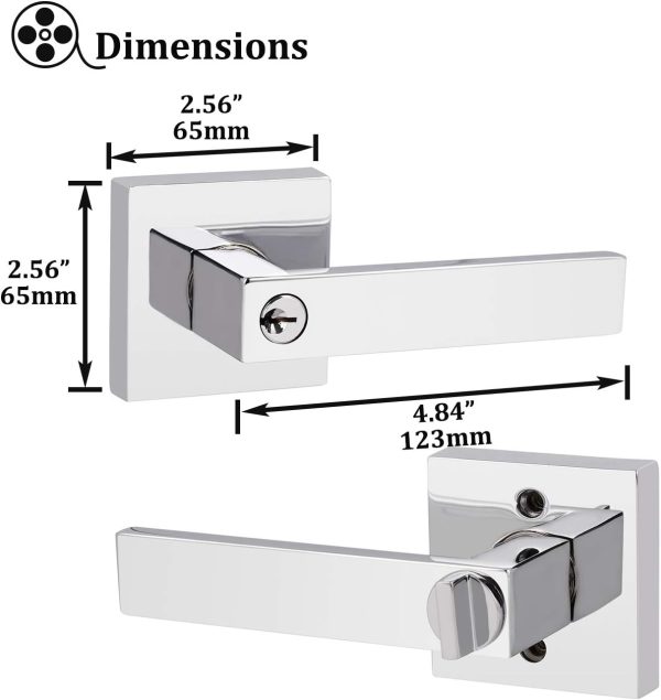 Gobrico Bedroom and Bathroom Locks in Polished Chrome 3 Pack Square Interior Door Locksets Keyless Privacy Levers - Image 13