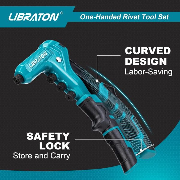 Libraton One-Handed Rivet Gun, Pop Rivet Gun Set, Professional Hand Riveter, Manual Riveting Tool with 200 Rivets for Metal, Includes 4 Drill Bits, 4 Tool-Free Interchangeable Heads, Storage Case - Image 4